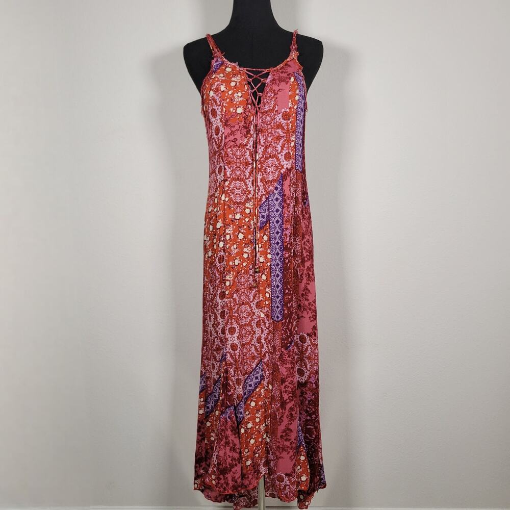 Free People Maxi Dress Womens Small Floral Patchwork Lace Up Boho Festival